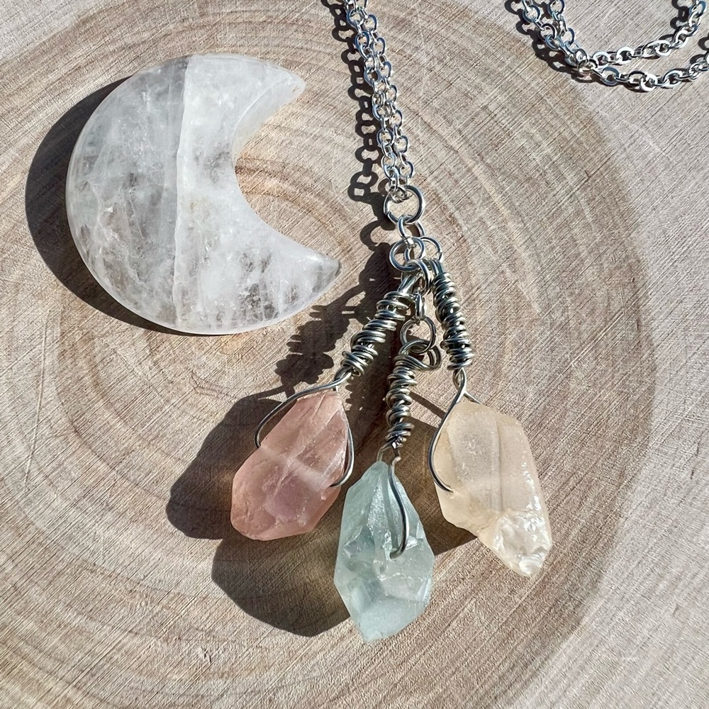 Orange, Green, & Yellow 3 Stone Quartz Crystal Necklace - Picture 2 of 6